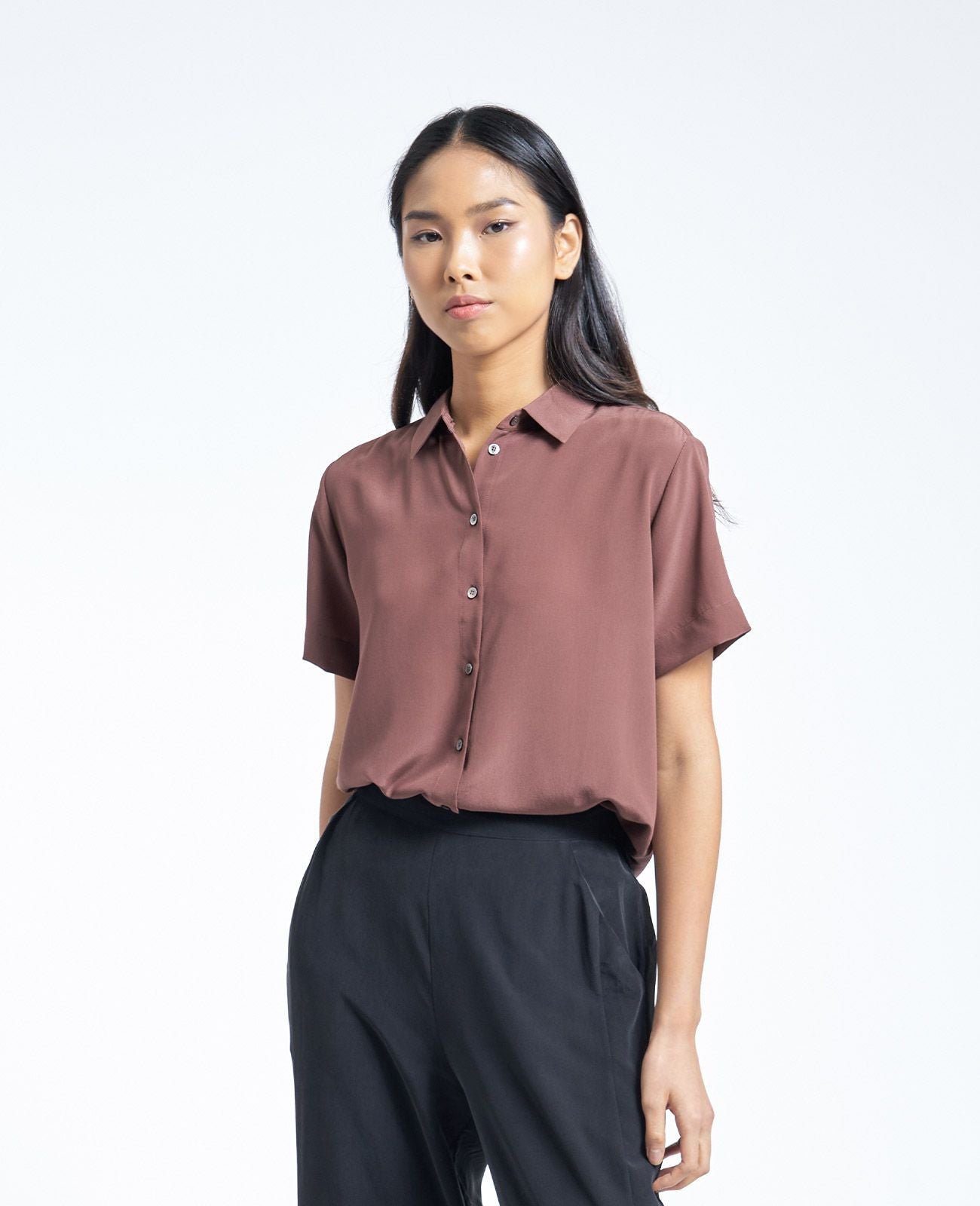 Women Silk Silk Short Sleeve Shirt GWWTP00058G95